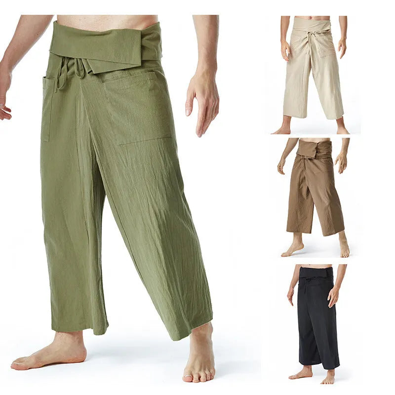 Linen blend drawstring harem pants in solid colour, loose straight-leg style for yoga and leisure