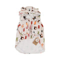 Beige dog raincoat with cartoon animal design showing waterproof PU construction