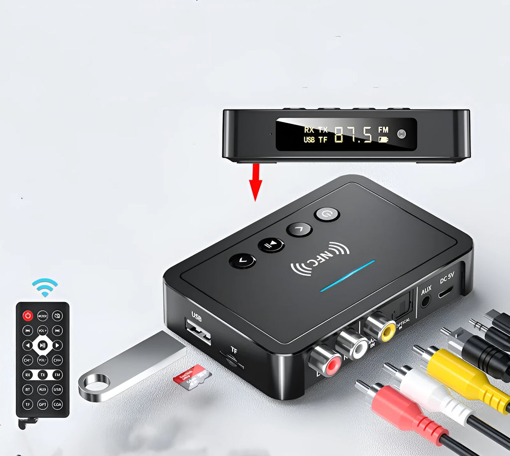 NFC Bluetooth 5.0 audio receiver adapter with multiple cables and interfaces, 10m range