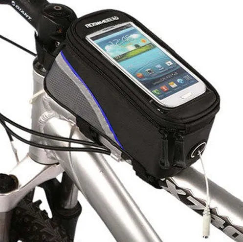 ROSWHEEL black PVC bicycle frame bag mounted on bike, holding a mobile phone.