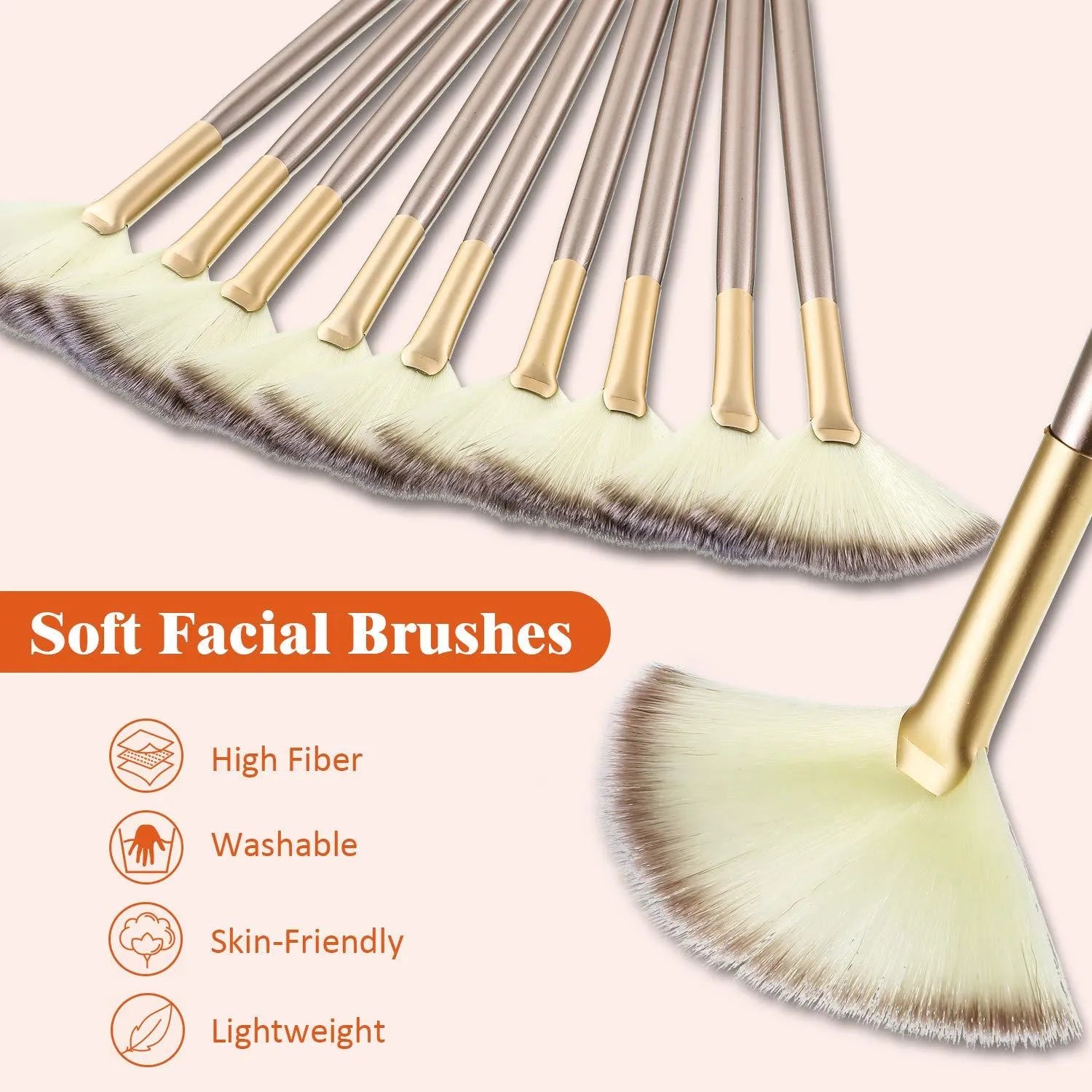 Ten champagne-coloured facial fan brushes with acrylic handles and protective covers