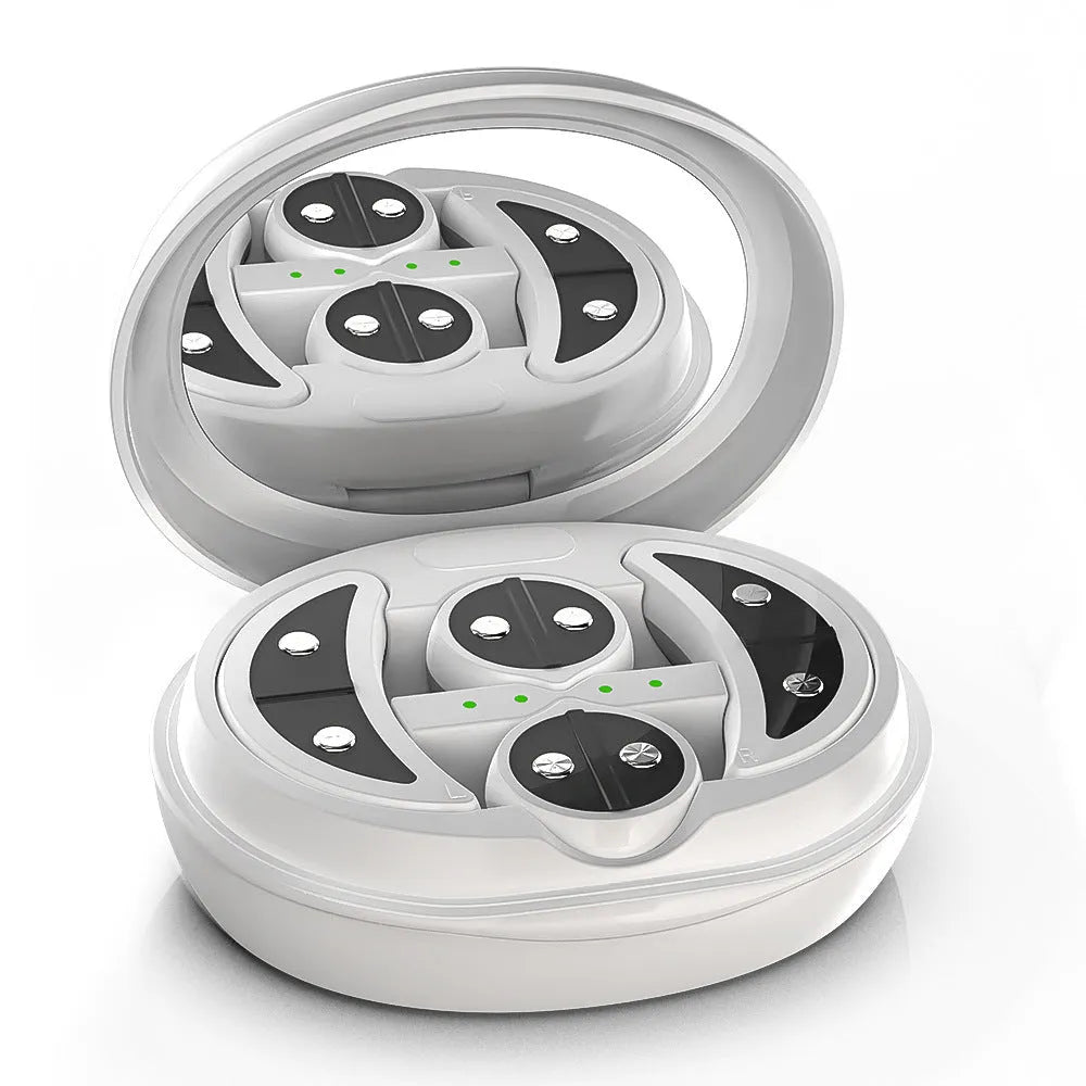 White wireless red light EMS eye and facial beauty massager device on a grey background