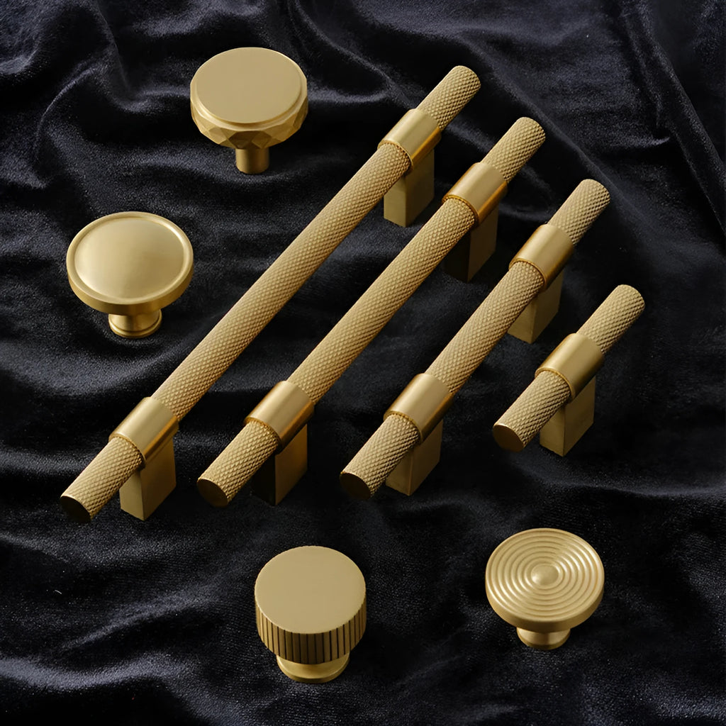 Brass knurled cabinet handle with polished brushed sealing glaze finish for wardrobes, drawers, and cupboards