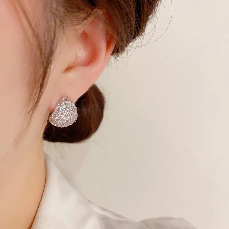 Silver zircon water droplet drop shape earrings for women copper base with thick real gold plating