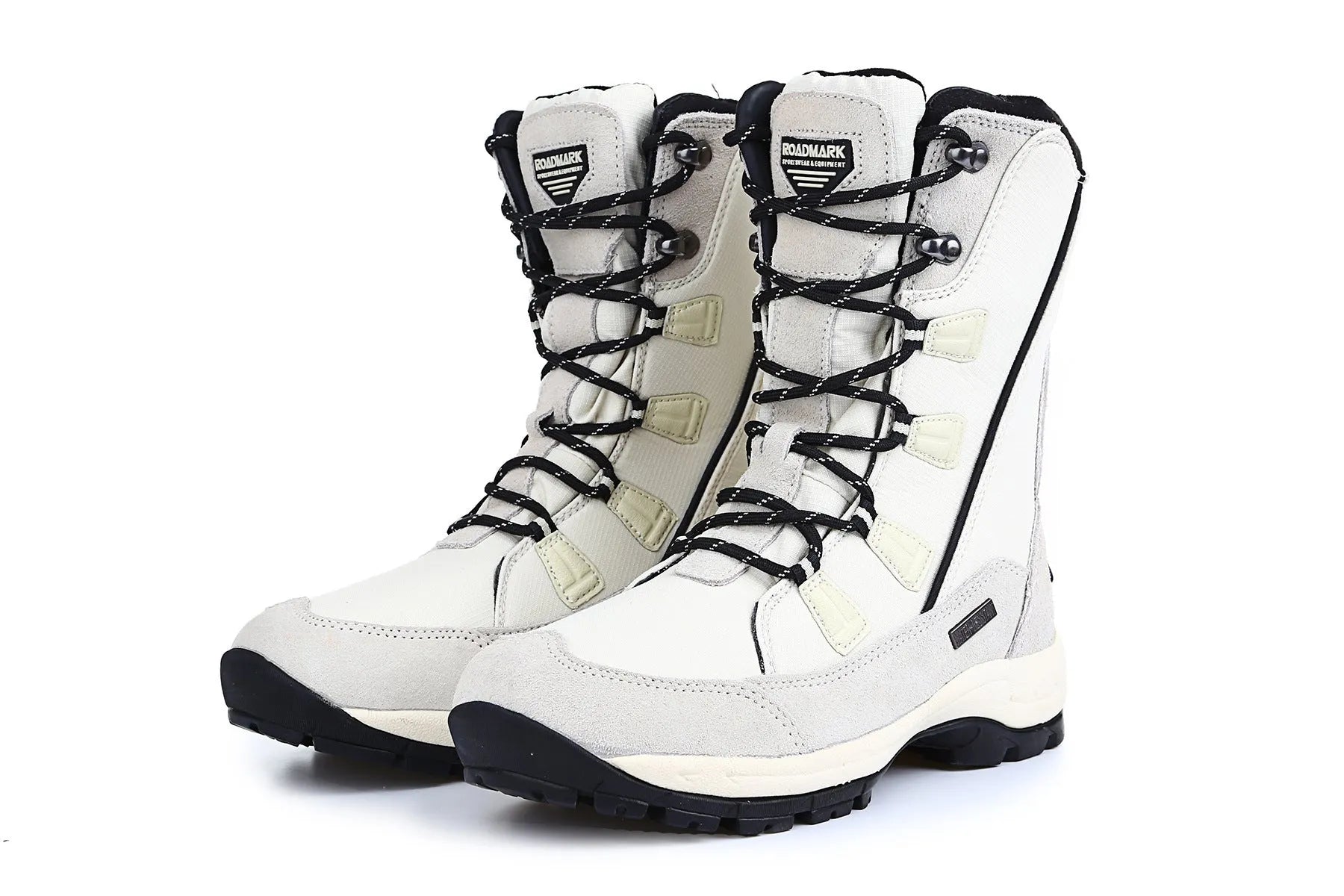 Women's mid-calf thermal snow boots in black with a genuine leather upper and rubber sole.