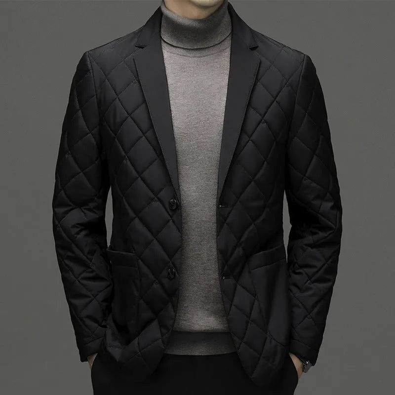 Men's black thick lapel down jacket shown on a model, featuring side seam pockets.