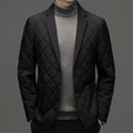 Men's black thick lapel down jacket shown on a model, featuring side seam pockets.