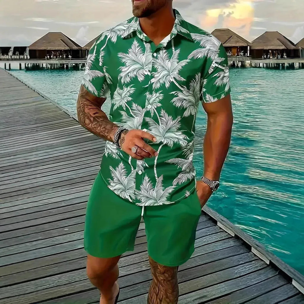 Men's Hawaiian style short sleeve shirt and shorts casual suit set on a hanger.