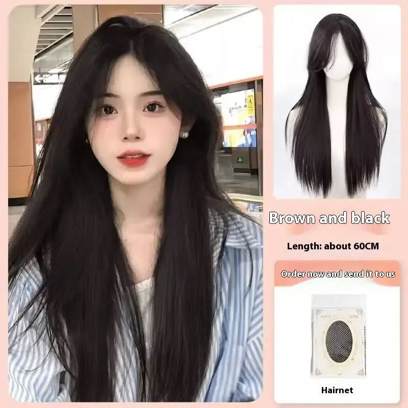Full-head forehead lace wig in long straight style with hairnet, clip, comb, bracket and bottle of care solution.