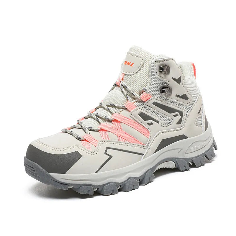 High-top outdoor hiking sneaker in flannel with rubber sole, shown on a rocky trail.