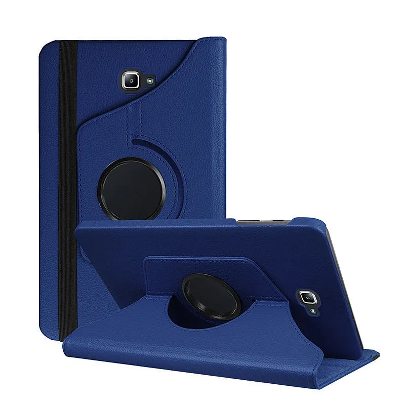 Tablet leather case with rotating stand in clamshell design showing ten colour options
