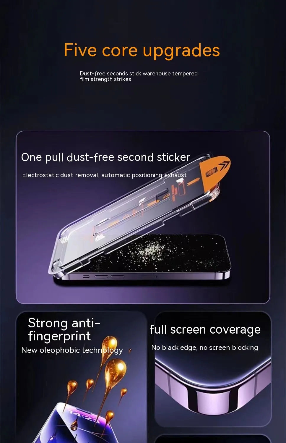 iPhone tempered glass screen protector with dust-free warehouse design showing HD and privacy options