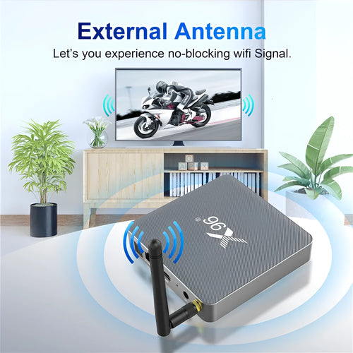 Android Smart TV Set-top Box with remote control, HDMI cable, and power adapter.