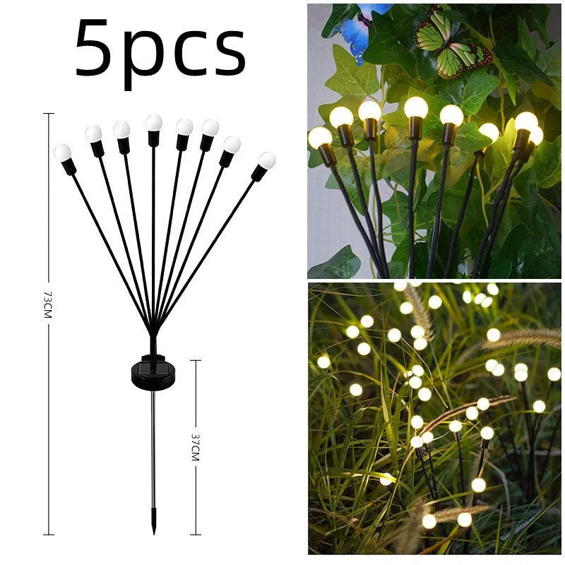 Solar-powered LED firefly ground lamp with multiple heads and ground spike for garden installation