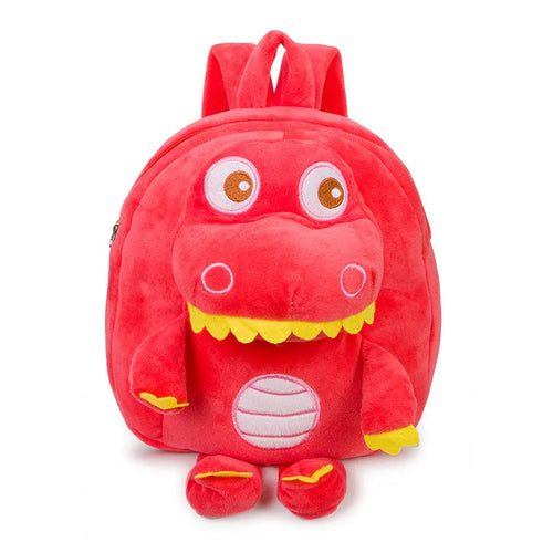 Blue dinosaur plush backpack with embroidered character, soft handle, and backpack straps showing 20-litre capacity