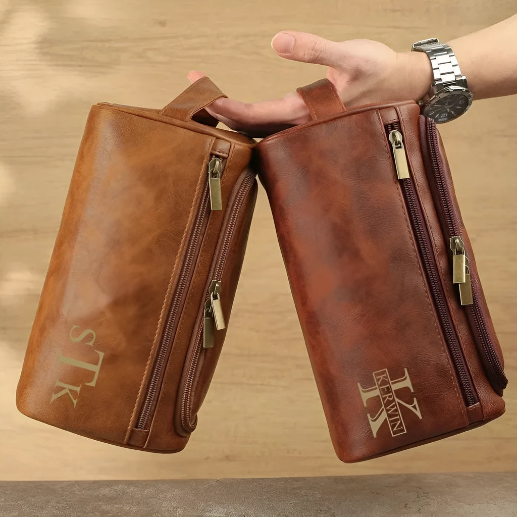 Men's black PU leather travel toiletry bag for storage