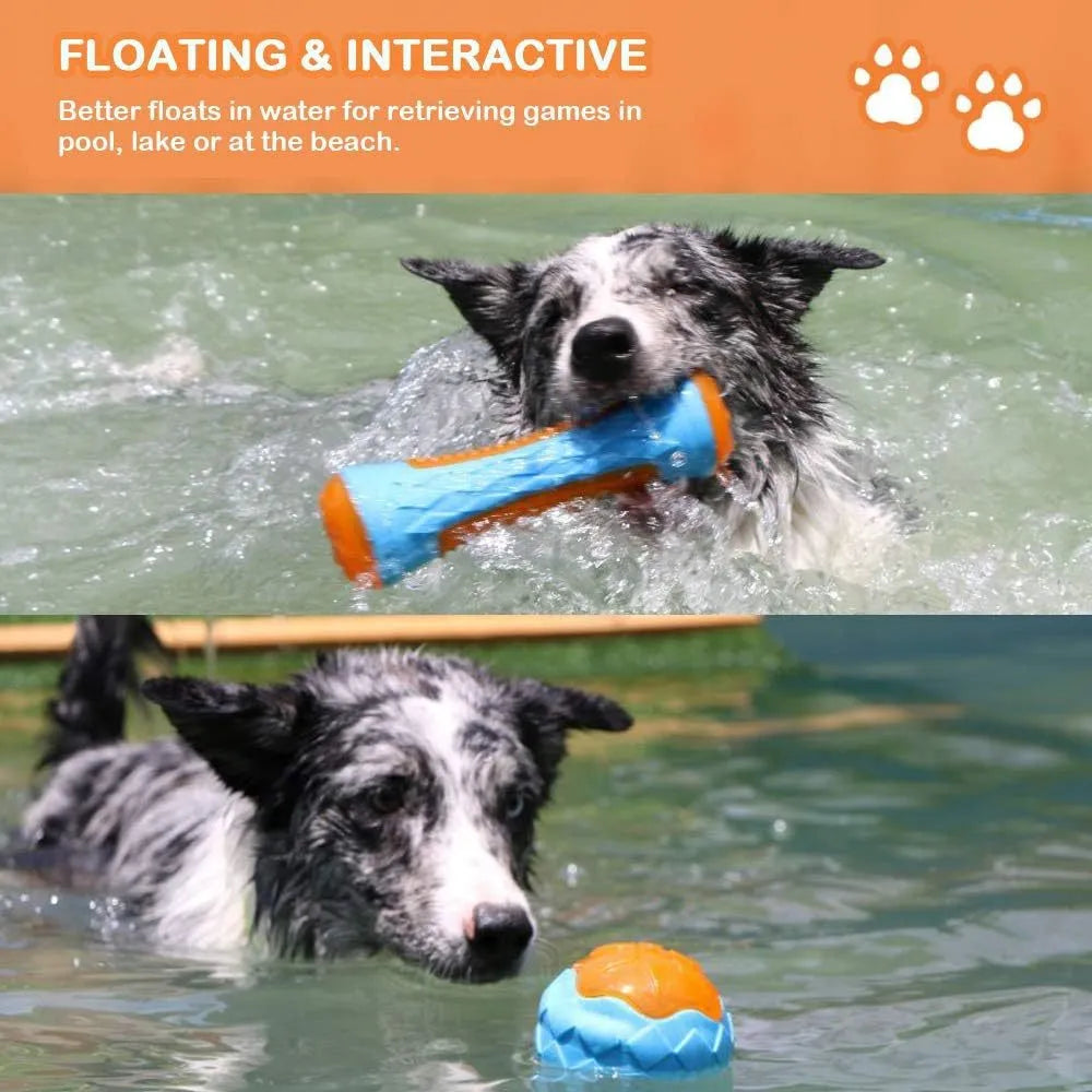 Three squeaky floating dog toys: a ball, barbell, and tires on a blue background.