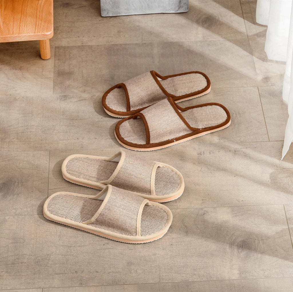 Women's open toe linen slippers in various colours with thickened sole design