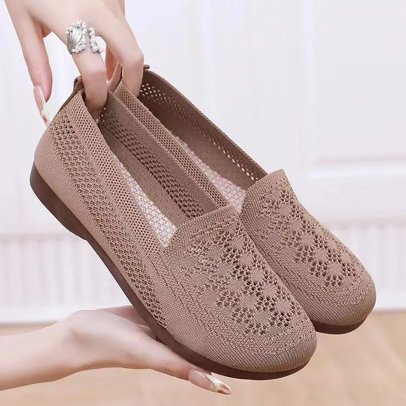 Women's beige antiskid casual shoes with Flyknit mesh upper and PVC sole for elderly wearers