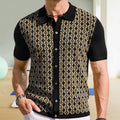 Men's summer Tencel short-sleeved lapel jacquard cardigan in black with geometric pattern