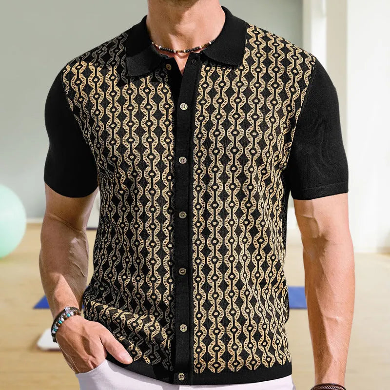 Men's summer Tencel short-sleeved lapel jacquard cardigan in black with geometric pattern