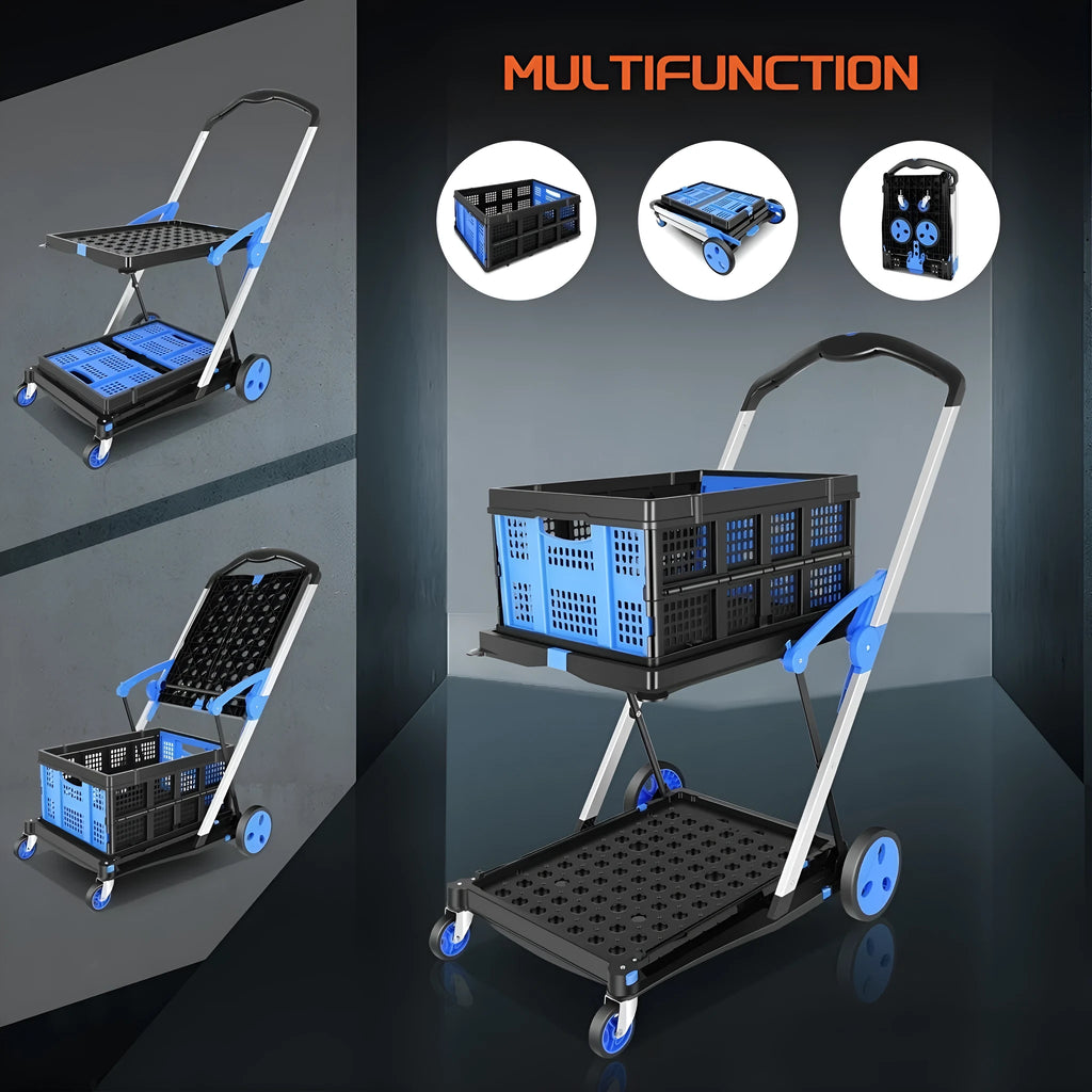 Foldable plastic shopping cart with double-layer basket in choice of blue, purple, pink, or red colour