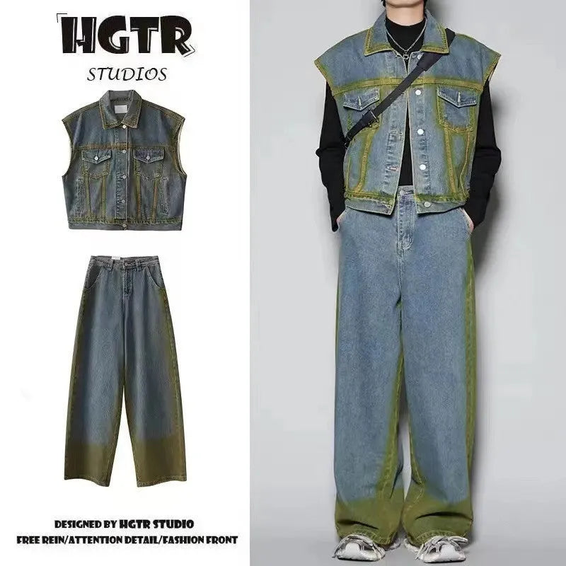 Fleece-lined distressed denim vest and jeans two-piece suit set with spray colour gradient design