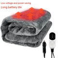 Grey 12V car electric blanket with cigarette lighter plug showing 160x150 cm double width dimensions