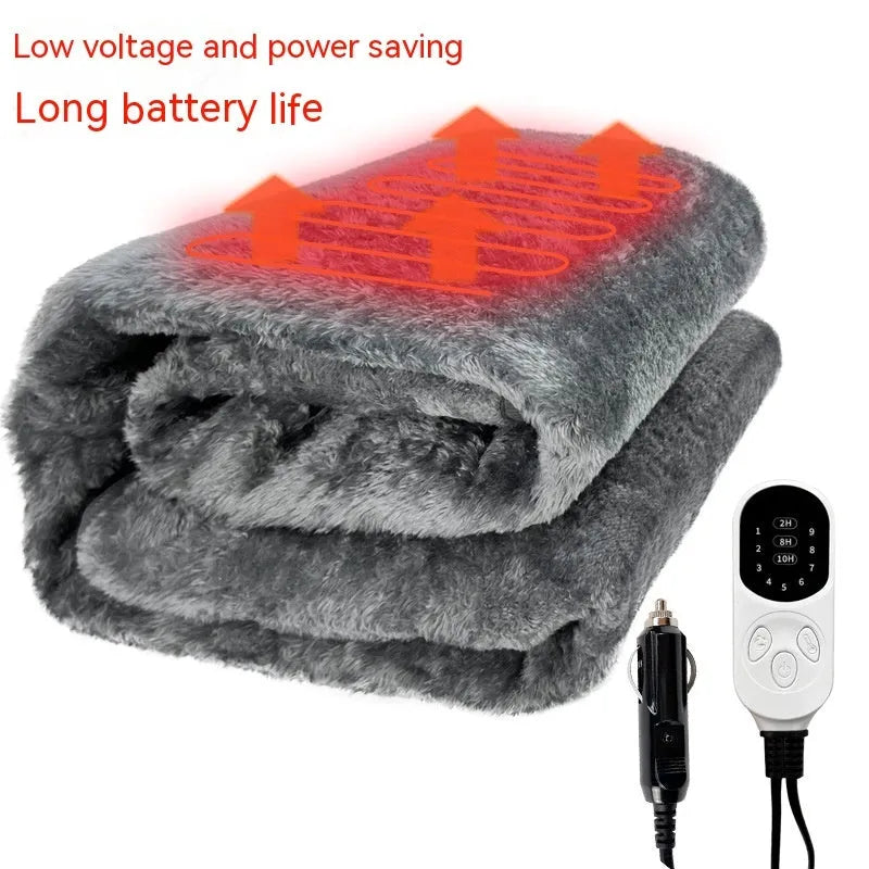 Grey 12V car electric blanket with cigarette lighter plug showing 160x150 cm double width dimensions