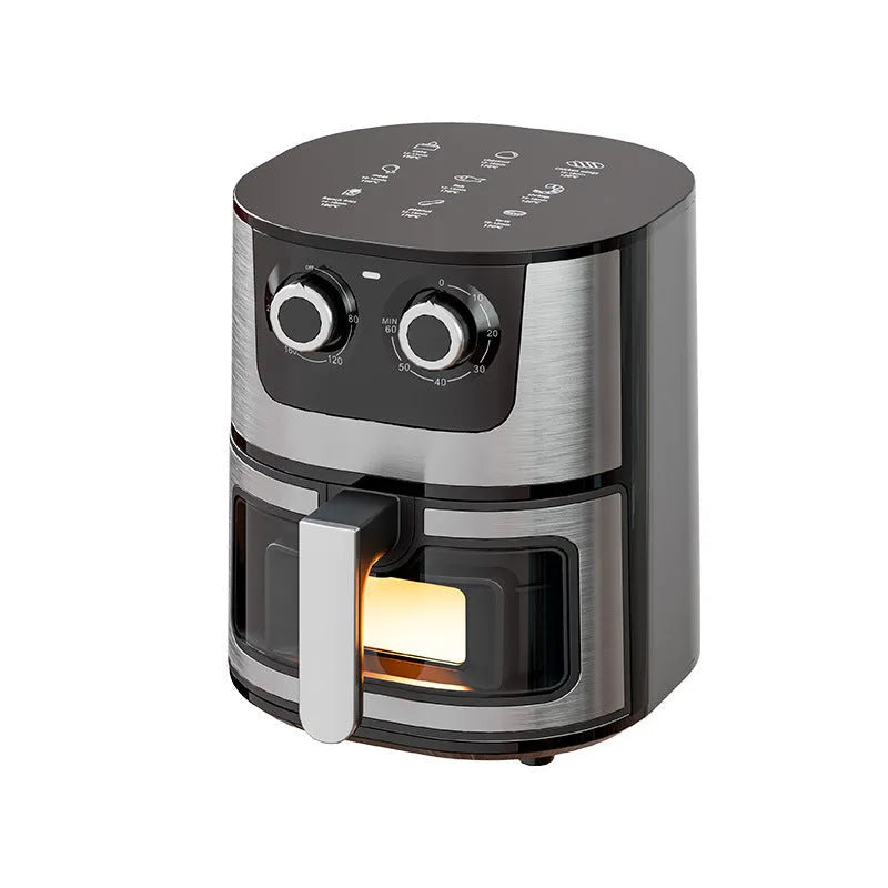 Stainless steel smart visual air fryer with 8L capacity and transparent window on a kitchen counter