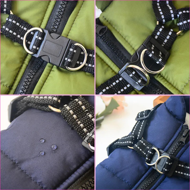 Waterproof dog coat with integrated harness in red, navy blue, and army green colours for winter.