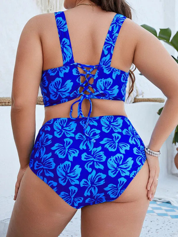 Blue floral print split bikini swimwear for plus-size women showing front design