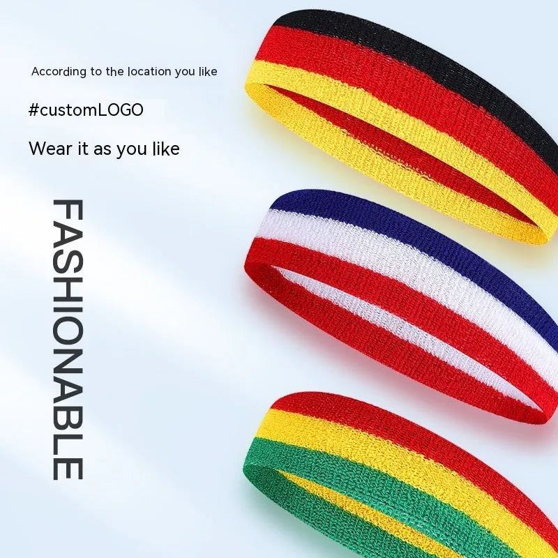 Three-colour sports headband for adults, shown in a red, yellow and blue combination.