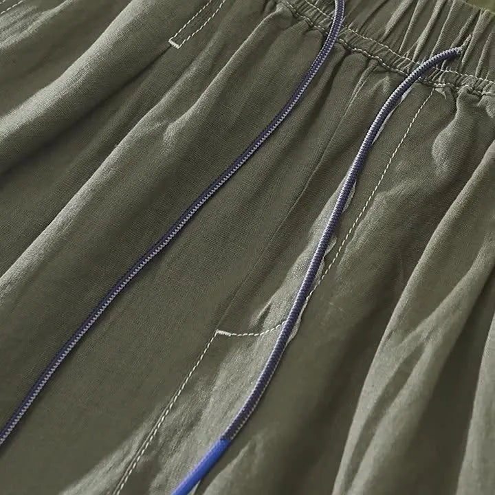 Men's loose straight linen shorts, mid waist drawstring, green or black, summer daily wear