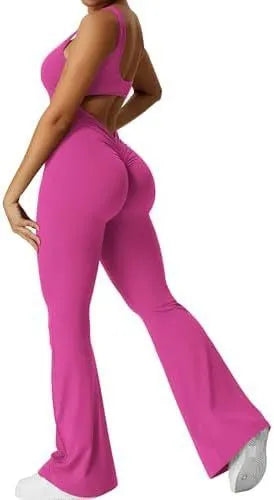 Women's sleeveless flare jumpsuit for yoga and fitness in high-elasticity polyester, shown in various colours.