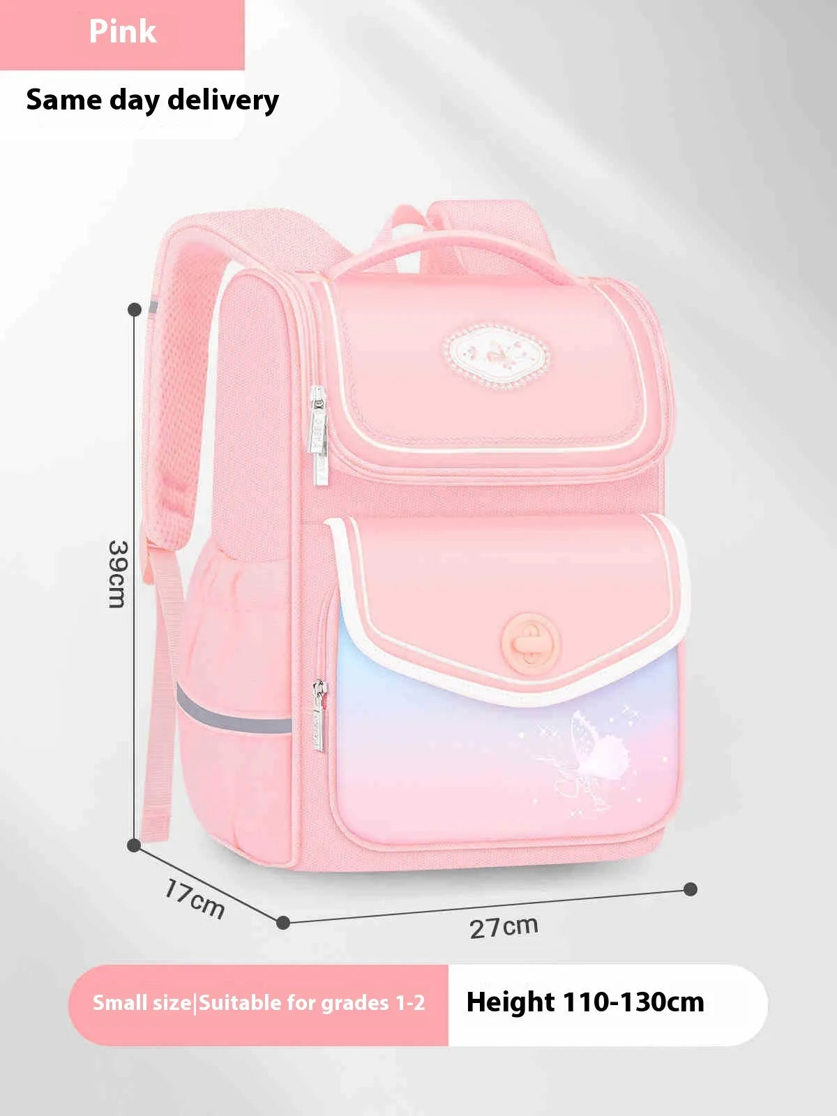 Girls waterproof Oxford cloth school backpack in pink, shown in large and small sizes for primary school years 1-6.