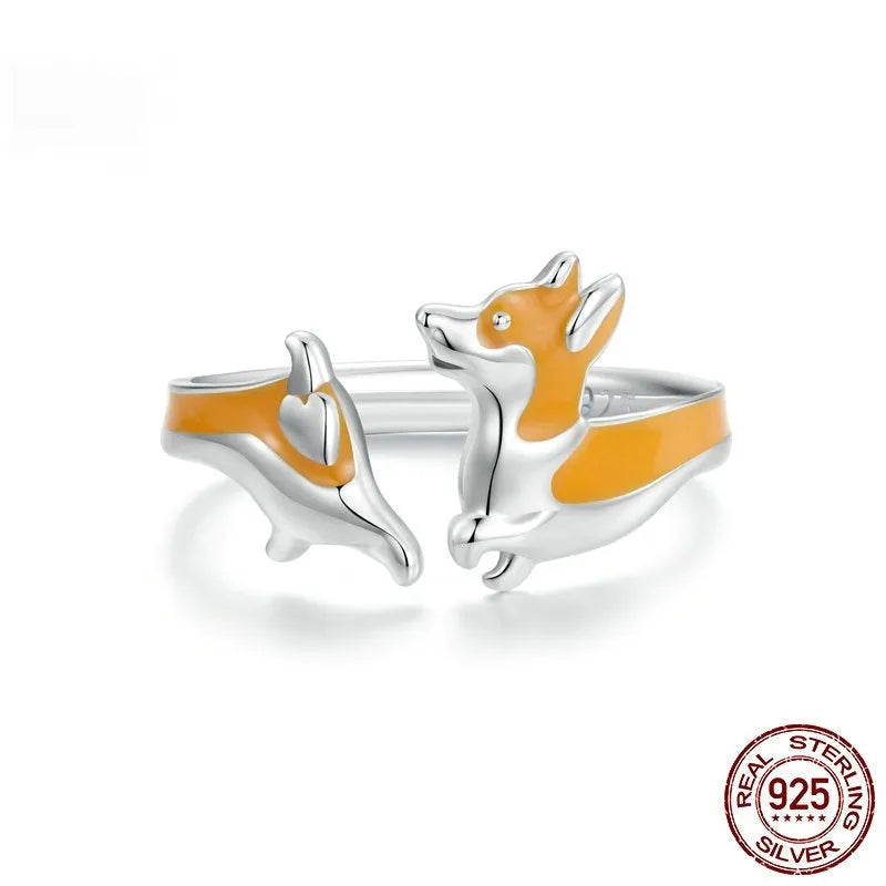 Silver electroplated fashion ring featuring cartoon corgi dog design with SCR1014-E colour finish