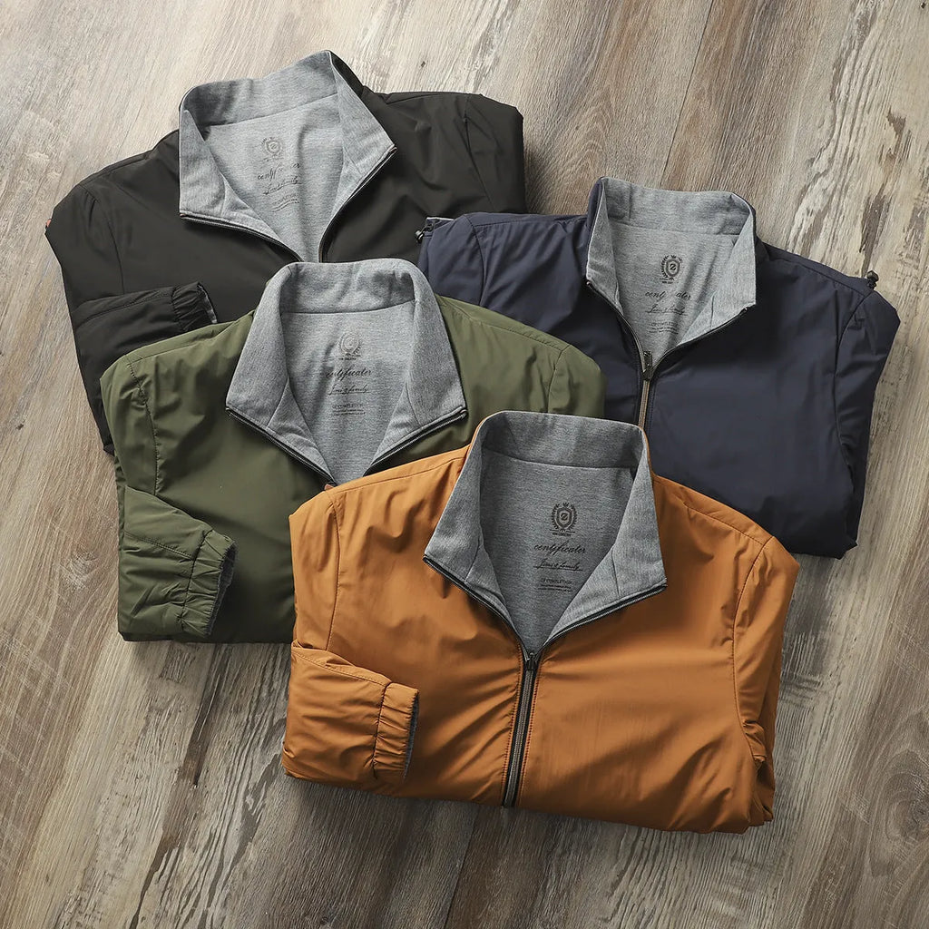 Men's stand collar casual jacket in Army Green colour on a hanger.