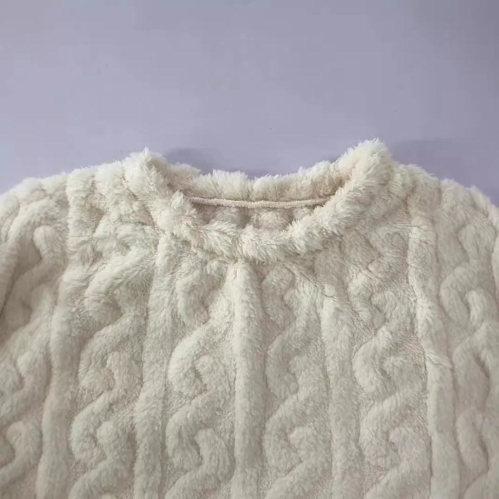 Creamy white women's plush polyester lounge set with crew neck top and matching trousers