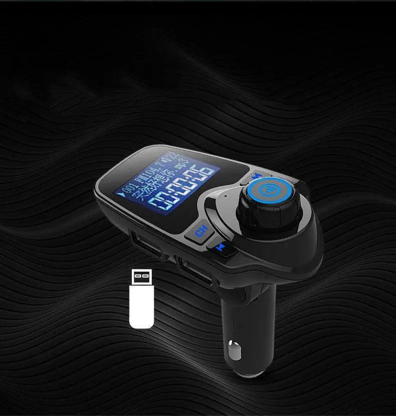 Black car Bluetooth hands-free kit with FM transmitter, USB port, and TF card slot plugged into a 12V socket.