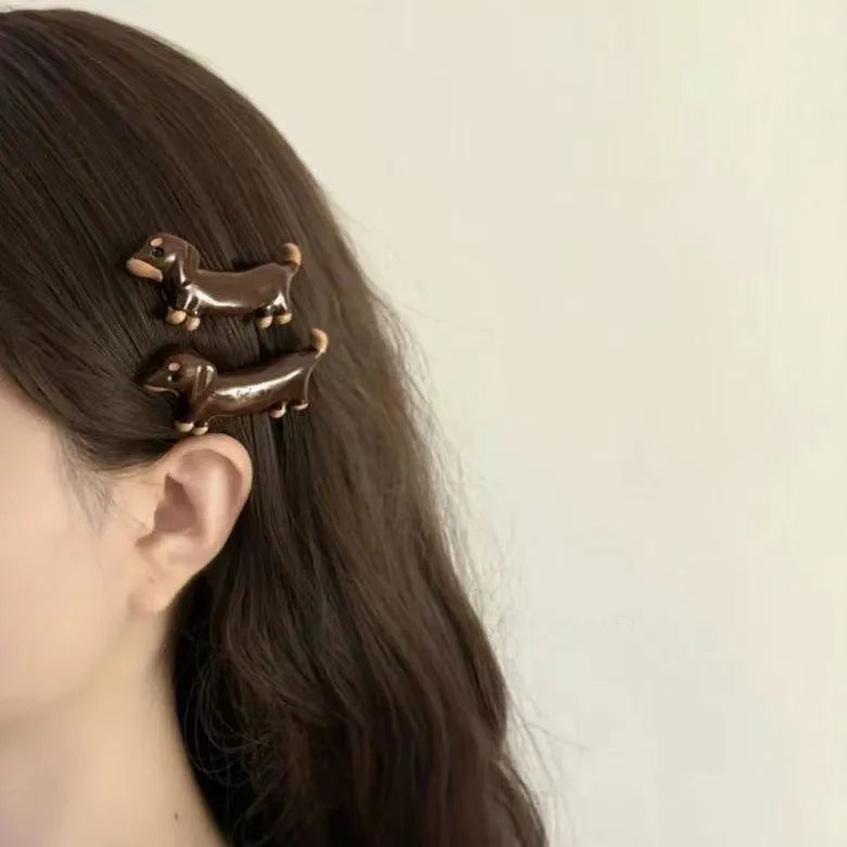 Loose delicate Dachshund dog barrettes hair clips with electroplated finish