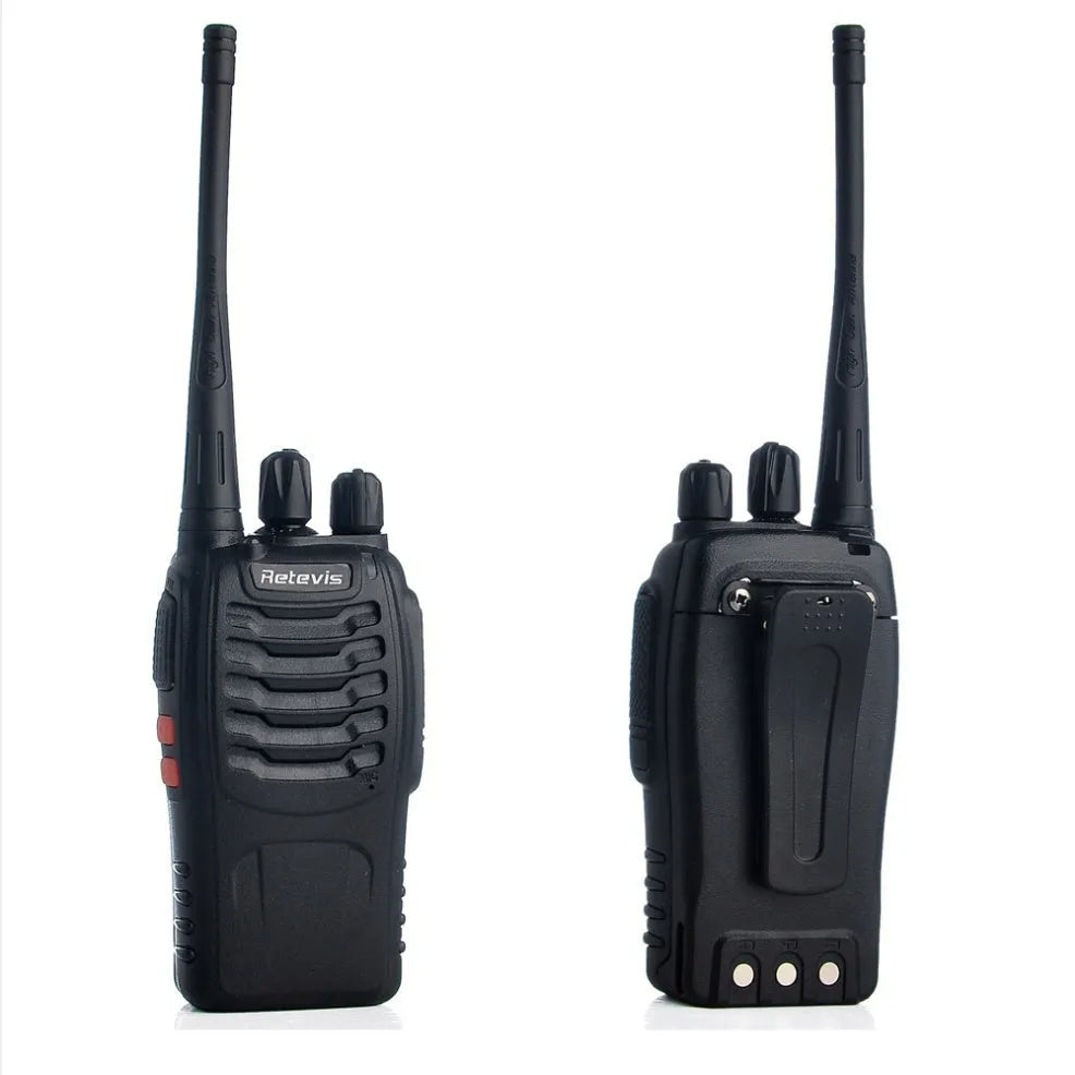 H777 black civil walkie talkie with Li-ion battery and antenna on plain background
