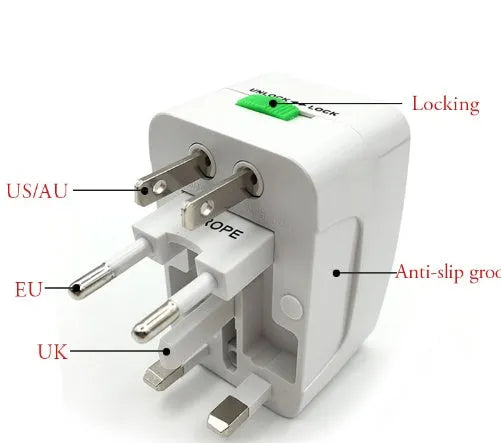 Universal travel adapter plug with multiple sockets on a white background.