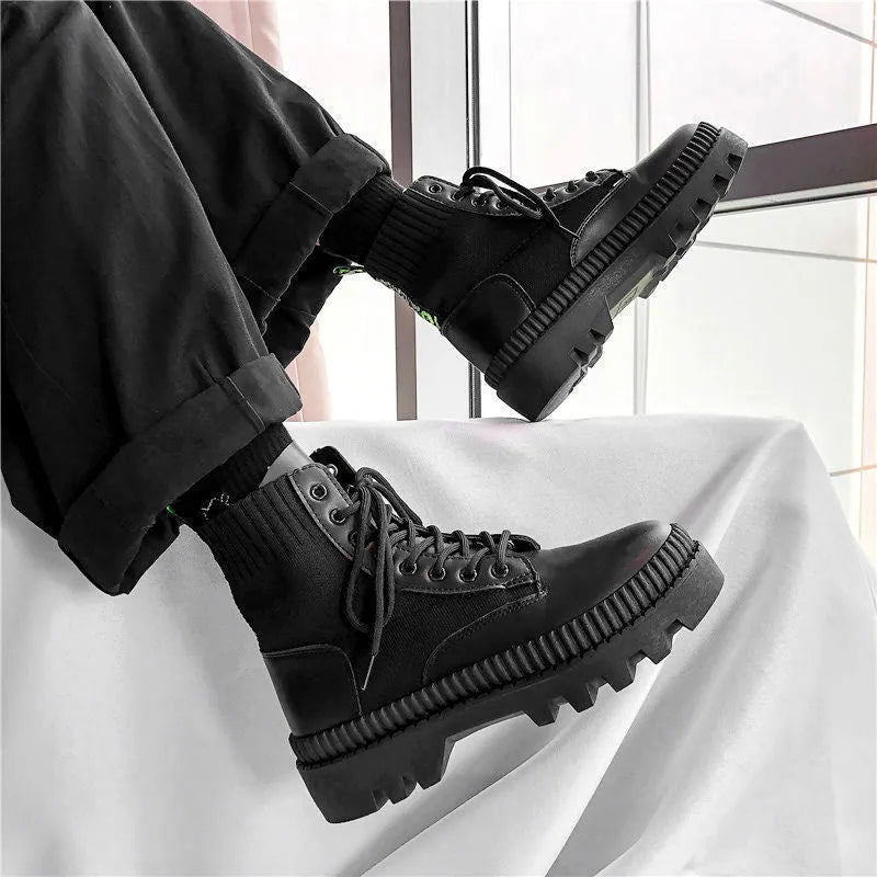 Men's black Dr Martens 8-hole high-top platform boots with a side zipper and frosted leather upper.