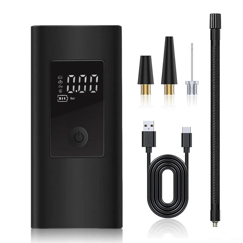 Car inflator with digital display and tyre pressure gauge on white background