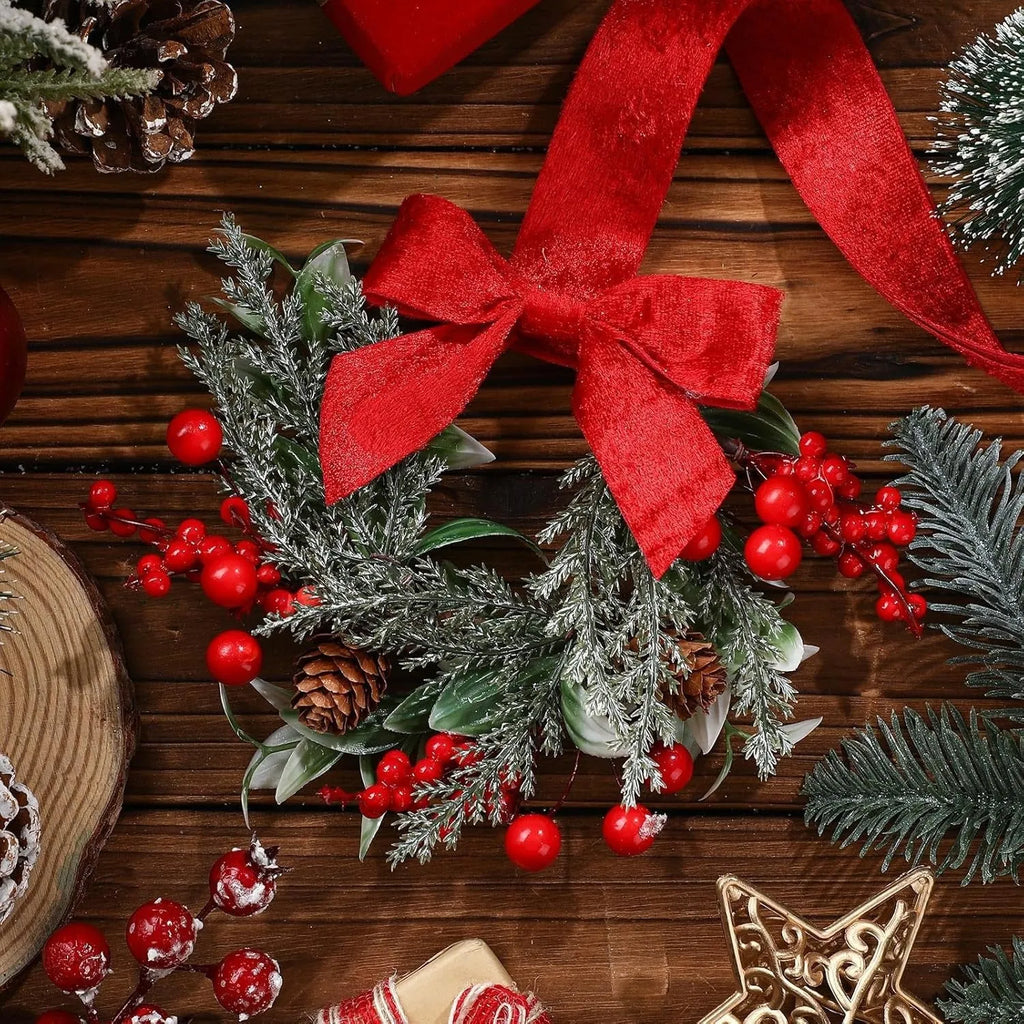 Handmade Christmas garland with bowknot ribbon and pinecone detailing in red, green, or camel colourway