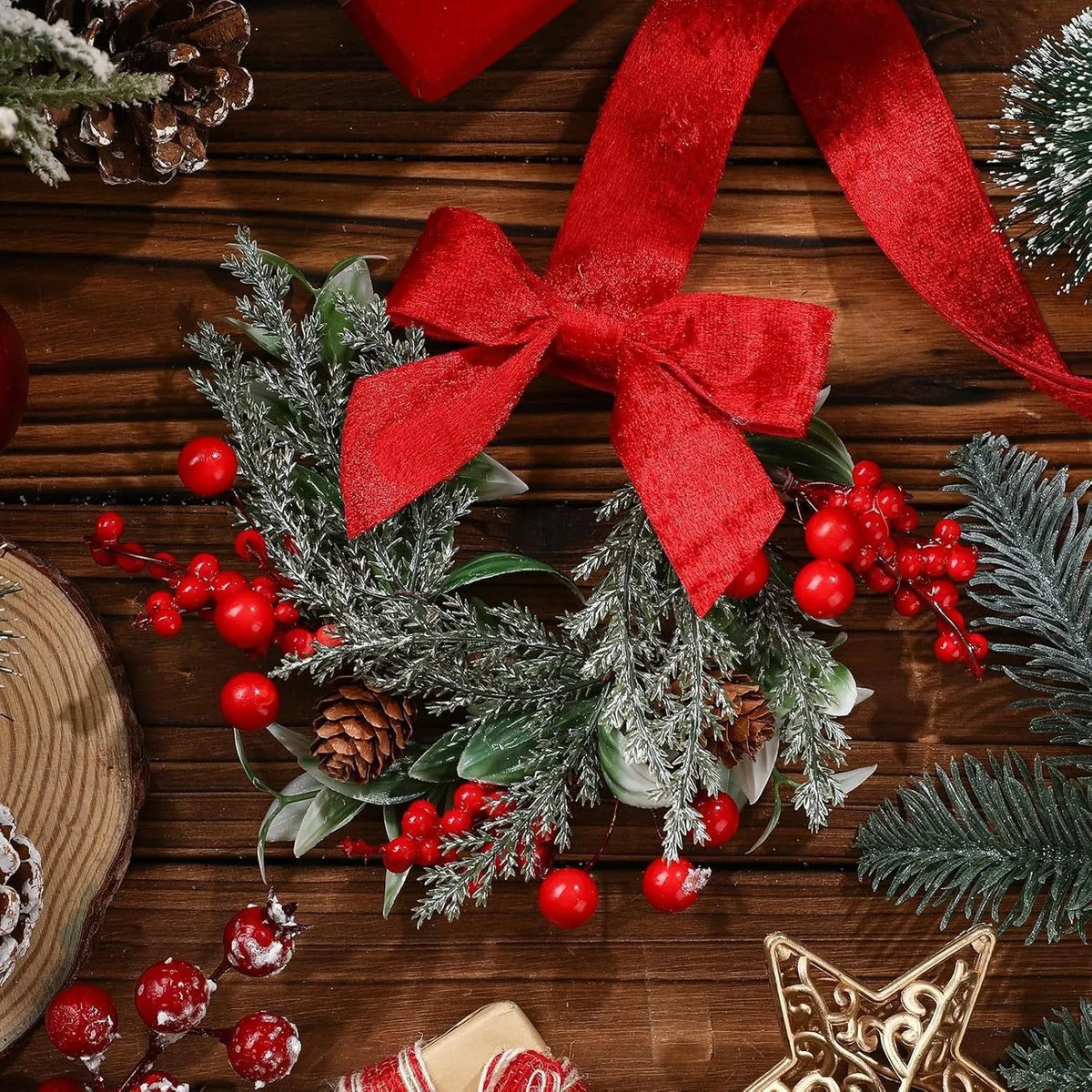 Handmade Christmas garland with bowknot ribbon and pinecone detailing in red, green, or camel colourway