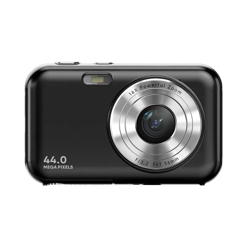 Colourful children's digital camera with 2.4-inch screen, shown in pink, for 44MP photos and 1080p video.