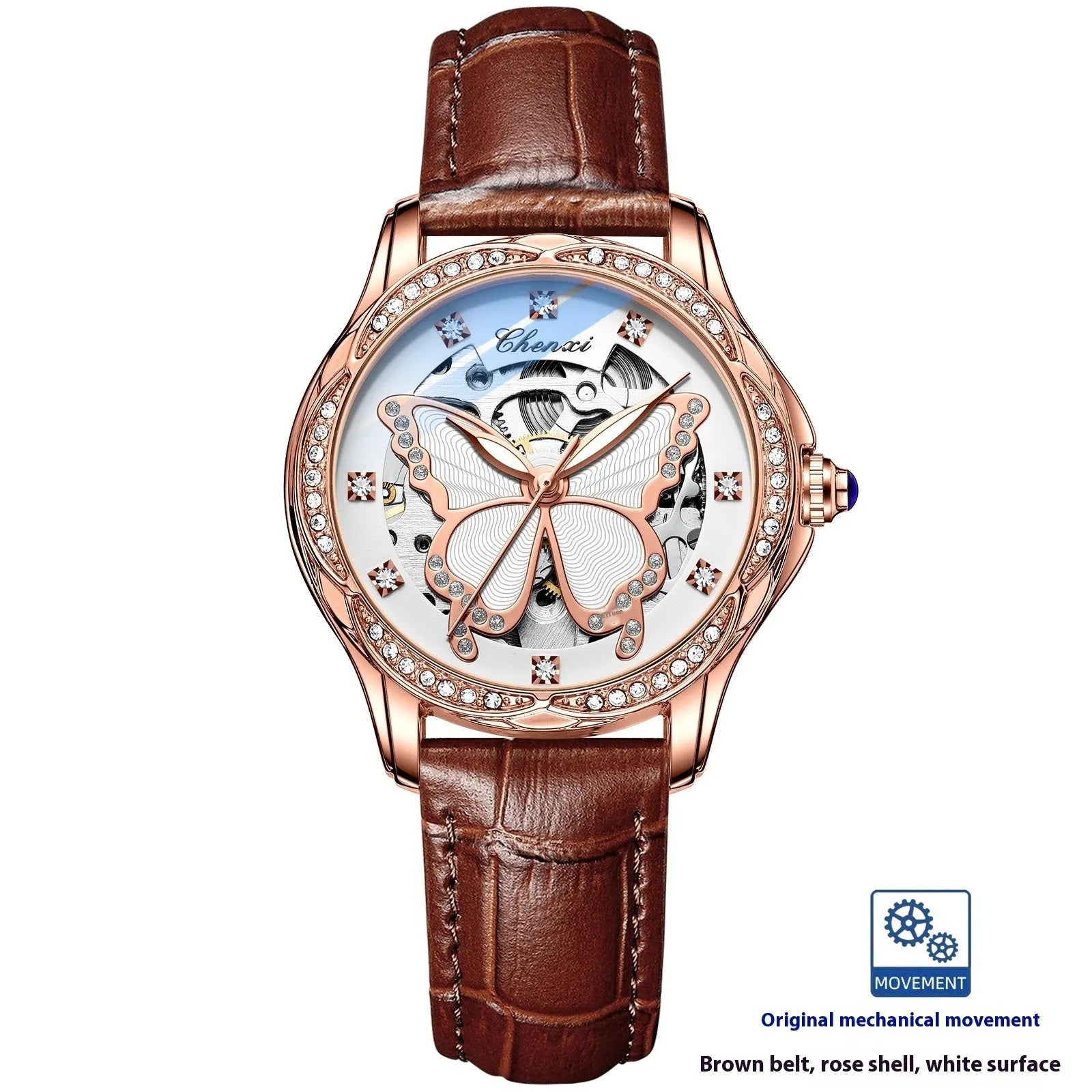 Butterfly dial diamond-embedded women's automatic mechanical watch with genuine leather strap and pin buckle on a white background