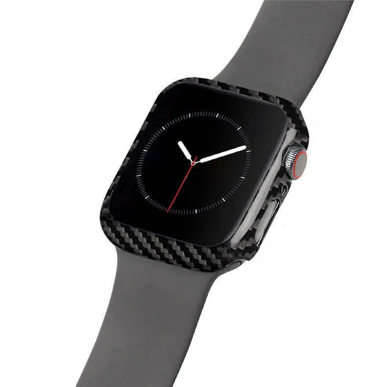 Ultra-thin black leather half-wrap case for a 44mm Apple Watch 4 on a wrist.